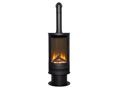 Acantha Orbit Cylinder Electric Stove in Black with Tall Angled Stove Pipe in Black