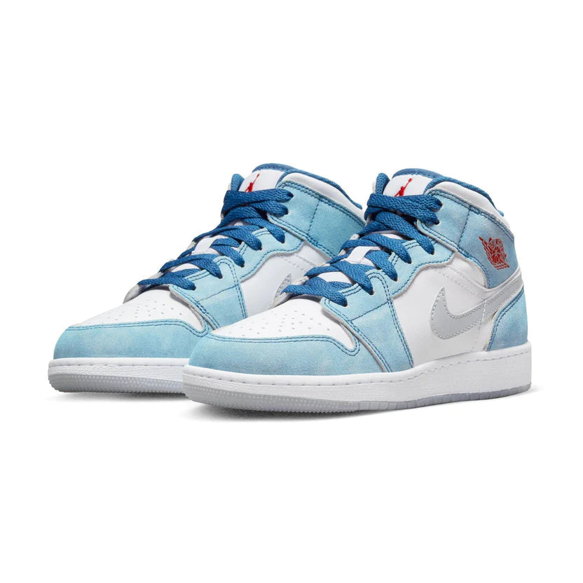 air jordan 1 mid french blue fire red washed denim light steel grey gs