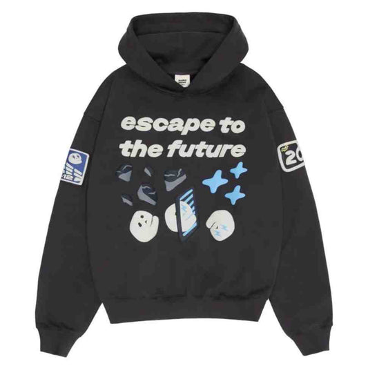 broken planet escape to the future hoodie soot black unisex authentic bpm clothing