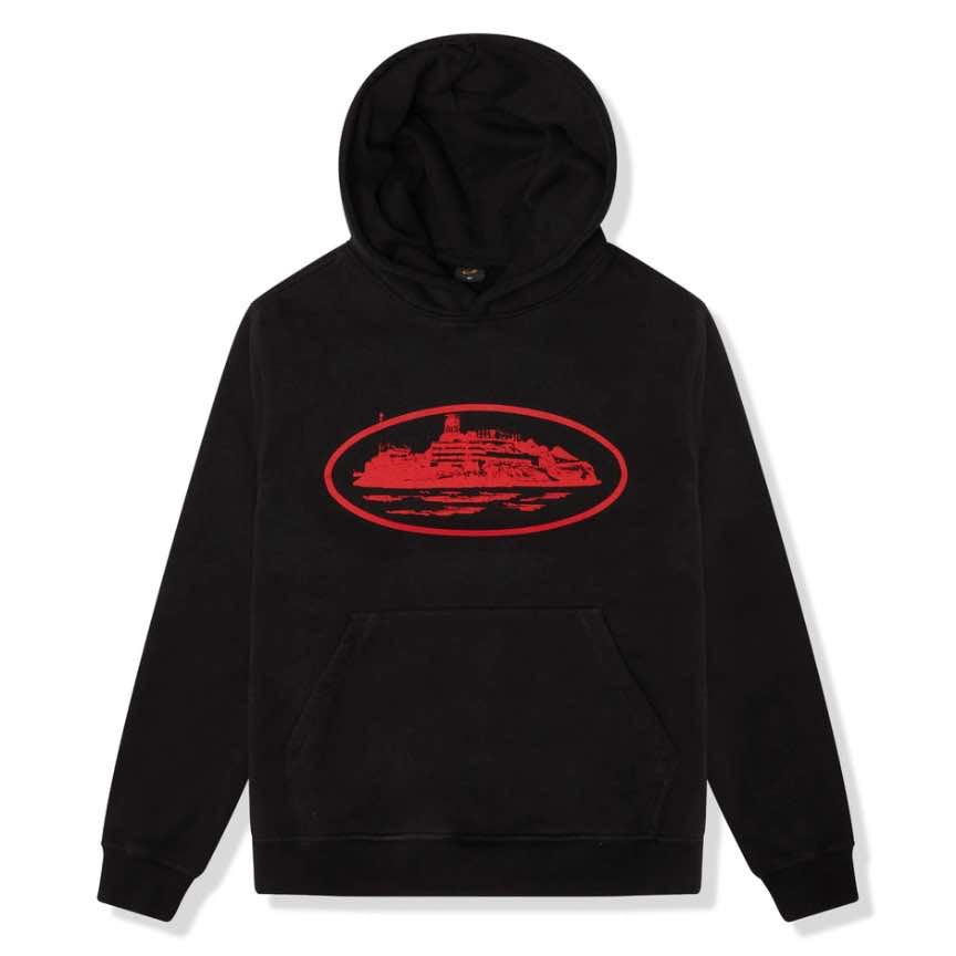 corteiz alcatraz v2 black red hoodie