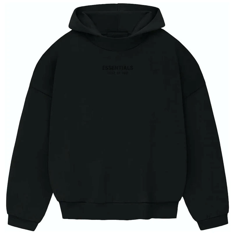 fear of god essentials hoodie jet black fw23