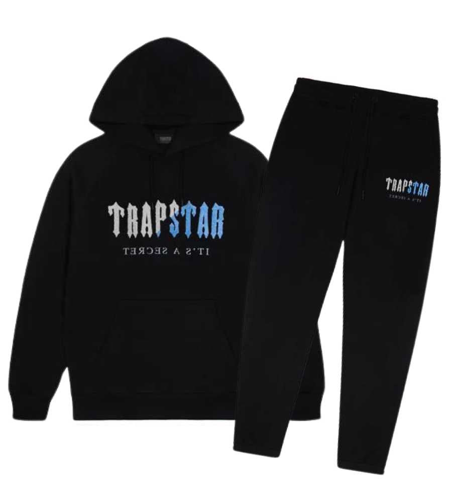 trapstar decoded chenille hooded tracksuit black ice blue