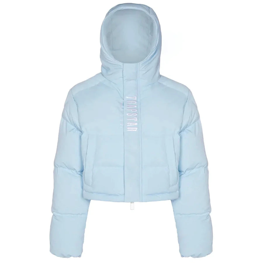trapstar womens decoded hooded puffer jacket ice blue 2.0